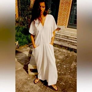 NWT ZARA ECRU LINEN BEATRICE CAFTAN MIDI DRESS L